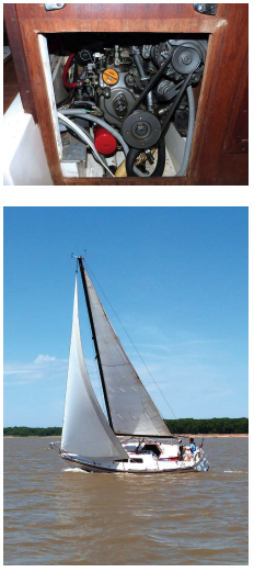 On inboard-powered boats, the Yanmar diesel is accessible through a removable panel under the companionway, at left. Under sail, below left, the Starwind 27 leans eagerly into the business at hand.