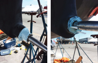As the Cutless bearing was pushed into place, the excess epoxy filler squeezed out, far left. Shims placed around the Cutless bearing, at left, supported it while ensuring it stayed in alignment with the stern tube while the epoxy hardened.