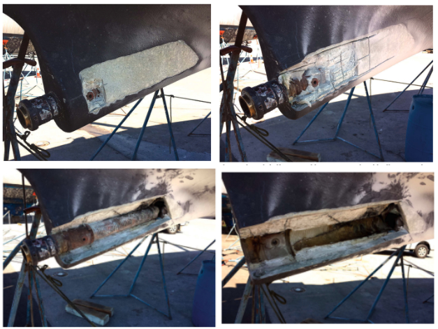 To extract the stern tube, Robin first ground off the bottom paint and gelcoat, above left. He cut a grid pattern to make chiseling away the fiberglass a little easier, above right. The tube, once exposed, below, was not difficult to remove, at bottom.
