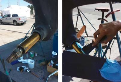The Cutless bearing was too small for the new stern tube, at left, so Robin filled the void by applying waterproof epoxy filler compound to the outside of the Cutless bearing, at right.