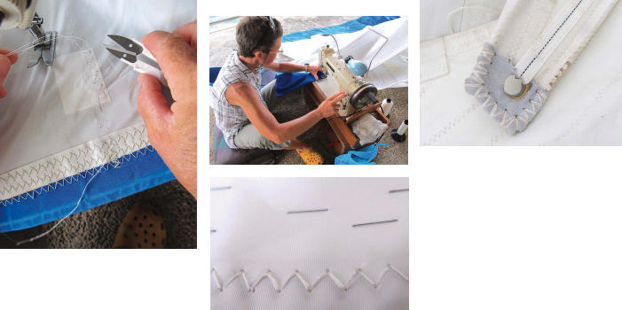 A bar stitch (just to the left of the point of the shears) is used to lock the ends of zigzag seams, far left. To make a bar stitch while hemming a sun-cover patch, Leslie uses the reverse lever, upper left. Interruptions in a zigzag seam are ideally resumed by locking and aligning new stitches with the old ones, lower left. Hand sewing is used to finish, reinforce, or apply protective elements to a sail, below.