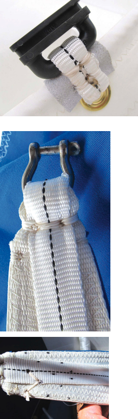 To finish the seizing, at left, the waxed sail twine has been melted and flattened, or “riveted.” Hand-sewing twine reinforces webbing on a repair to a staysail hoist, middle left. Marks made with waterproof ink are helpful as a guide when securing webbing with X stitching, bottom left.