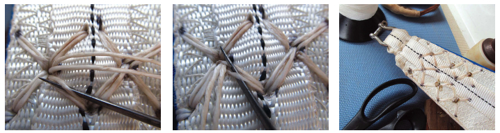 A flat knot is begun, at left, by inserting the needle from the outside to the inside of one strand of the stitch (without splitting the strands of twine). The needle is then inserted from the outside to the inside of the adjacent strand of twine, center. The head of a staysail, at right, has been reinforced with new webbing hand-sewn to the older webbing with an X pattern of stitches.