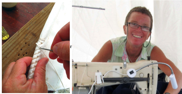 A hand-sewn baseball stitch is used to join two pieces along an edge or secure a boltrope, at left. Leslie, at right, seems to enjoy the challenges posed by sail repairs.