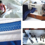 Industrial sewing machines are made of metal and have few, if any, plastic parts, top of page. Leslie’s machine is fitted with a portable motor, cogged monster wheel and hand crank, and a strong wooden case. For sail work, it must be able to sew straight and zigzag stitches, above left. Different materials and fabric assemblies are best accommodated by a variety of presser feet, above right.