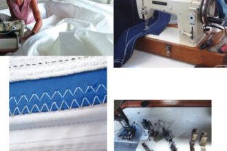 Industrial sewing machines are made of metal and have few, if any, plastic parts, top of page. Leslie’s machine is fitted with a portable motor, cogged monster wheel and hand crank, and a strong wooden case. For sail work, it must be able to sew straight and zigzag stitches, above left. Different materials and fabric assemblies are best accommodated by a variety of presser feet, above right.