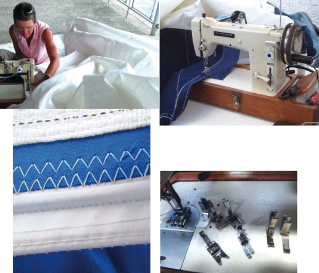 Industrial sewing machines are made of metal and have few, if any, plastic parts, top of page. Leslie’s machine is fitted with a portable motor, cogged monster wheel and hand crank, and a strong wooden case. For sail work, it must be able to sew straight and zigzag stitches, above left. Different materials and fabric assemblies are best accommodated by a variety of presser feet, above right.