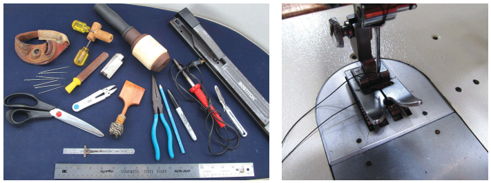 Sail repairs require a number of tools, some of them specialized, at left, but the entire collection (see page 21 for Leslie and Philip’s recommended list) takes up very little space on board and they come in handy for all manner of canvaswork. The 12-mm-wide presser foot and feed dog of the Sailrite Sailmaker are suitably rugged for sail work, at right. A stitch is formed when the sewing machine needle drives the upper thread through the throat plate, where the hook takes the thread and loops it around the bobbin thread.