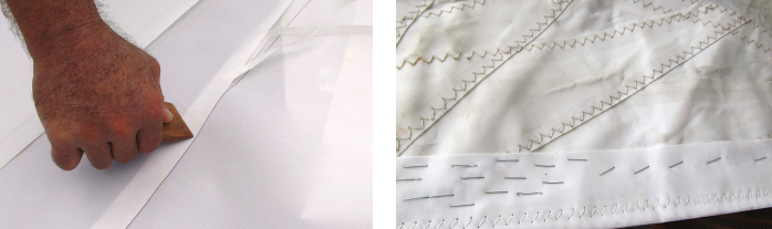 When repairing sails, basting the materials prevents them from slipping out of position. Seamstick tape is a convenient way to apply adhesive, at left, and contact cement is also commonly used. Staples work very well for basting materials together, at right.