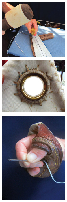 Punching holes in a thick assembly using a scratch awl and maul against a sacrificial wooden block, at top, makes hand sewing easier and reduces fatigue. When repairing sails outdoors, waxed hand-sewing thread can easily pick up dirt and debris, middle. A sailmaker’s palm, above, should be molded to an individual user’s hand so the fingers can grip the end of the needle firmly while bracing it against the metal thimble in the center.