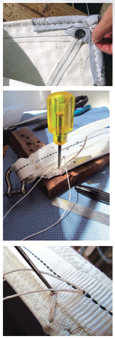 Straight stitches are used to secure leather chafe guard to a mainsail tack, top left. After making a hole, the scratch awl holds down a corner assembly, middle left. Dividing the two strands of twine before piercing the hole helps them lie parallel, bottom left.