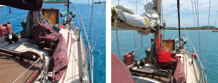 The trysail lives on deck hanked on to its own dedicated sail track and ready to hoist at a moment’s notice, at left. When they need it, Ed and Ellen hoist the trysail directly from the bag, at right. The sheet is marked and pre-trimmed to prevent the sail from flogging wildly.