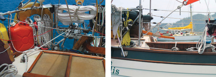 The block for the single trysail sheet used for centerline sheeting is mounted on the center of Entr’Acte’s stern rail, at left. The sheet leads through the block to a dedicated trysail cleat. The sheet is marked for “pre-trimming” the sail so it doesn’t flog wildly while it’s being hoisted. Blocks on either quarter are used for sheeting the trysail off centerline (to a dedicated cleat), at right, and also for a spinnaker.