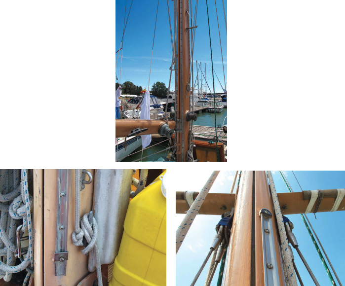 Entr’acte’s trysail track runs parallel to, and independent of, the mainsail track, upper photo. To ensure the sail will always rise and fall smoothly, the sections were welded together, the joints polished, and the track installed as one unit. The screw heads were chosen so they will not bind on the sail slides, at left, and a stopper at the bottom of the track keeps the slides captive. The tack is attached to a dedicated cleat; the knot determines the proper height for optimum sail shape. One knot is for centerline sheeting and a second knot brings the tack lower for sheeting to the quarter. The track ends just below the spreaders, at right, and the stop at the top is essential!