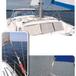 The sheet deflectors, above, prevent headsail sheets from fouling on the mast winches and are especially useful when a boat’s shrouds are aft of the mast where they can’t fulfill the same role. When attached to the clew with a webbing loop, above and left, the sheets don’t pull the clew patch hard against the sheet deflector (or any other snag hazard) but allow it to float forward.