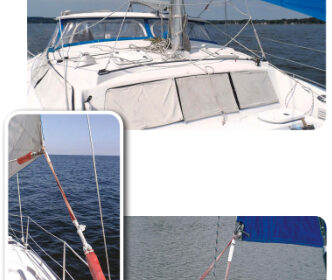 The sheet deflectors, above, prevent headsail sheets from fouling on the mast winches and are especially useful when a boat’s shrouds are aft of the mast where they can’t fulfill the same role. When attached to the clew with a webbing loop, above and left, the sheets don’t pull the clew patch hard against the sheet deflector (or any other snag hazard) but allow it to float forward.