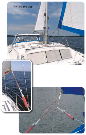 The sheet deflectors, above, prevent headsail sheets from fouling on the mast winches and are especially useful when a boat’s shrouds are aft of the mast where they can’t fulfill the same role. When attached to the clew with a webbing loop, above and left, the sheets don’t pull the clew patch hard against the sheet deflector (or any other snag hazard) but allow it to float forward.