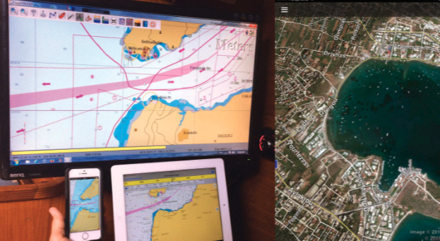 Menachem uses three navigation platforms on his boat, above. Google Earth images, like this one, of an anchorage near Agios Spiridon, Greece, are also helpful, at right.