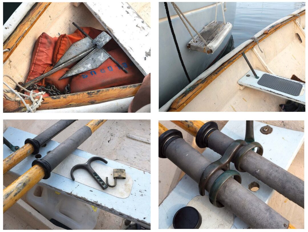 In a capsize, the anchor falls away and the PFDs stay put, top left. Non-skid on the thwart and an easy-to-make step allow safe transits between mother ship and dinghy, top right. A purpose-made 1-piece lock for the oars, lower left and right, secures them against loss or theft.