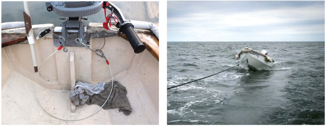 A wire strop ensures the outboard stays with the dinghy, at left. Cleats on each side serve many purposes, as does the rag. At 4 knots, the painter is entirely out of the water. At 5+ knots, at right, the dink follows as docile as a lamb with its bottom chine clear of the water.