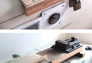 Cliff's portable vise is actually two vises mounted on a length of 2 x 8, top of page. The bench hook, above top, provides a cutting surface with a back for bracing the work piece and is stowed on top of the vise board, above.