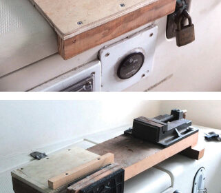 Cliff's portable vise is actually two vises mounted on a length of 2 x 8, top of page. The bench hook, above top, provides a cutting surface with a back for bracing the work piece and is stowed on top of the vise board, above.