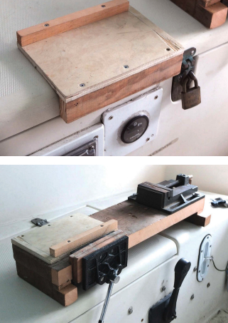 Cliff's portable vise is actually two vises mounted on a length of 2 x 8, top of page. The bench hook, above top, provides a cutting surface with a back for bracing the work piece and is stowed on top of the vise board, above.