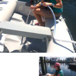 To fill up, at top, Janna connects the public water hose to the garden hose fitting on the dinghy bladder. When done, she secures the garden hose plug, above, so no water can spill on the ride back to the boat.