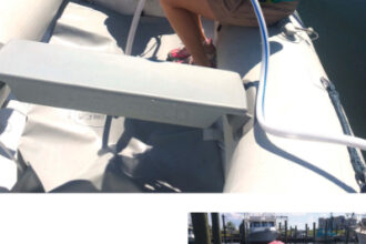To fill up, at top, Janna connects the public water hose to the garden hose fitting on the dinghy bladder. When done, she secures the garden hose plug, above, so no water can spill on the ride back to the boat.