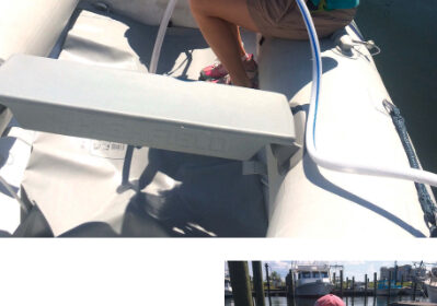 To fill up, at top, Janna connects the public water hose to the garden hose fitting on the dinghy bladder. When done, she secures the garden hose plug, above, so no water can spill on the ride back to the boat.