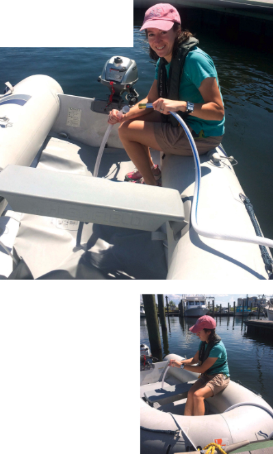 To fill up, at top, Janna connects the public water hose to the garden hose fitting on the dinghy bladder. When done, she secures the garden hose plug, above, so no water can spill on the ride back to the boat.