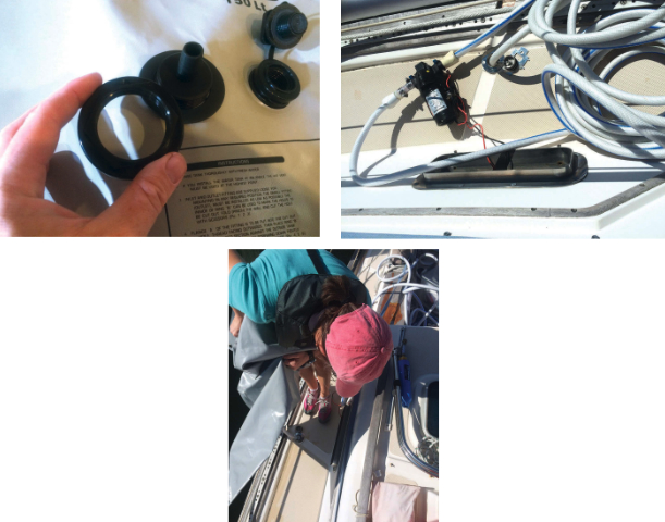 The barb fitting is easy to install in the bladder tank, above left. The smaller fitting is a pre-installed vent. Linus uses a 12-volt washdown pump to which he has attached two male garden hose fittings, above right. He connects the hose on the intake side to the bladder tank and the one on the outlet goes to the deck fill. (With the rather long discharge hose he can reach water fills all over the boat.) After the pump sucks air, Janna dumps the remaining gallon or two from the bladder into the deck fill, at left. If the bladder contains more water than is needed to top off the tanks, they can use the excess to wash down the deck, fill a jerry can, or simply leave it in the dinghy until it’s needed.