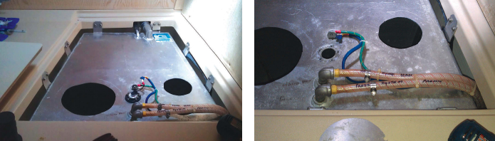 Once he had determined that the trace of water in his bilge was coming from the freshwater tank, at left, Alan cut holes in the top, at right, so he could inspect the inside to see if there was any chance of repairing it in situ. The baffles made that impossible.