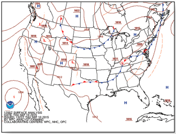 A surface weather analysis map shows data observations.