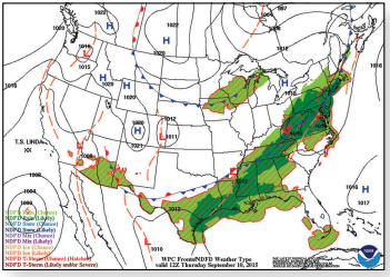 A surface weather forecast map shows predicted conditions.