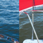 A deck-level windvane can be helpful, far left. The spinnaker rakes back and forth over the vane without damage to either, center. Yarn, plastic tubing, fiberglass tubing, and cable ties are all it takes, above.