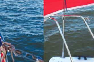 A deck-level windvane can be helpful, far left. The spinnaker rakes back and forth over the vane without damage to either, center. Yarn, plastic tubing, fiberglass tubing, and cable ties are all it takes, above.