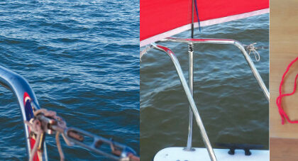 A deck-level windvane can be helpful, far left. The spinnaker rakes back and forth over the vane without damage to either, center. Yarn, plastic tubing, fiberglass tubing, and cable ties are all it takes, above.