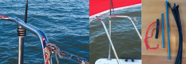 A deck-level windvane can be helpful, far left. The spinnaker rakes back and forth over the vane without damage to either, center. Yarn, plastic tubing, fiberglass tubing, and cable ties are all it takes, above.