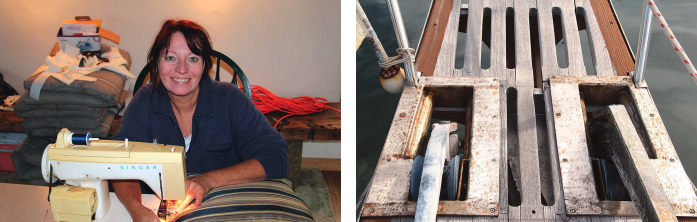 As well as making prodigious use of the sewing machine, Sandy, at left, stripped the exterior teak and recoated it with a teak oil sealer. The bowsprit housing for the anchor rollers was flawed, so Vic’s friend Tom built a new, more robust one, at right, with Delrin rollers.