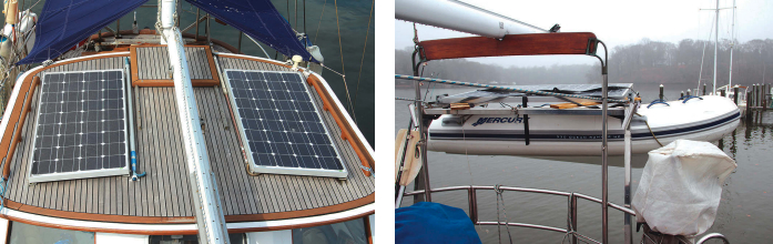 One goal was to reduce the need to run the engine and generator to maintain battery charge. Vic’s solution was solar panels, two mounted on the roof of the hard dodger, at left, and another across the dinghy davits, at right. The new dinghy was another essential purchase.