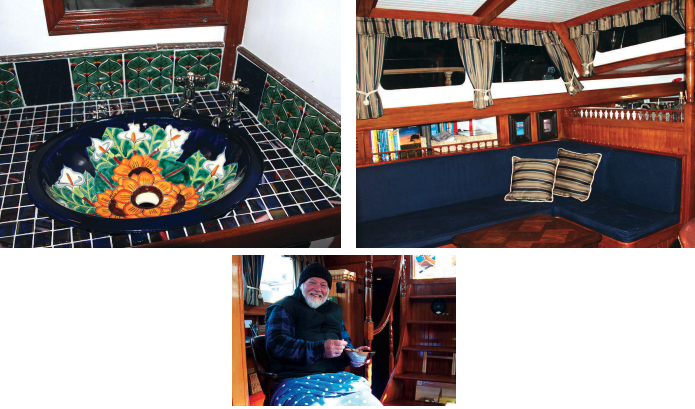 While the refit emphasized rig and mechanical systems, creature comforts were not ignored. Sandy updated the head compartments, at left, and the soft furnishings, at right. Vic’s wintertime installation of the Facnor system necessitated an occasional thawing out, below.