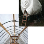 Destiny stayed cocooned inside her finished cover over a summer while Steve and Margi worked on her, above. Steve made the ladder too. Inside the cover, at left, it is plenty roomy and light enough for Steve to do his fussy work, like varnishing, no matter the weather outside.