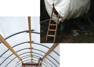 Destiny stayed cocooned inside her finished cover over a summer while Steve and Margi worked on her, above. Steve made the ladder too. Inside the cover, at left, it is plenty roomy and light enough for Steve to do his fussy work, like varnishing, no matter the weather outside.