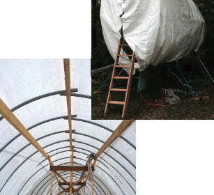Destiny stayed cocooned inside her finished cover over a summer while Steve and Margi worked on her, above. Steve made the ladder too. Inside the cover, at left, it is plenty roomy and light enough for Steve to do his fussy work, like varnishing, no matter the weather outside.