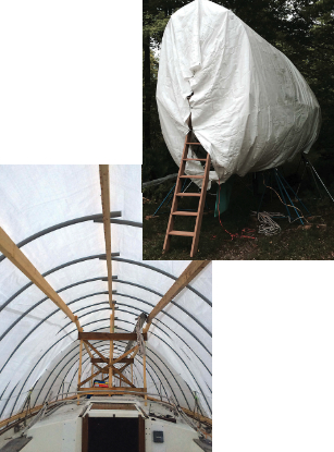 Destiny stayed cocooned inside her finished cover over a summer while Steve and Margi worked on her, above. Steve made the ladder too. Inside the cover, at left, it is plenty roomy and light enough for Steve to do his fussy work, like varnishing, no matter the weather outside.