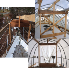 The white tarp sheds a lot of light on the internal structure of the finished cover, upper left. Steve wanted to preserve access to the anchor locker, far left, so he built the bow frame to bridge it. To give himself a clear path after boarding via the transom ladder, he stiffened the stern frame with a larger header and footer instead of diagonal braces, at left.