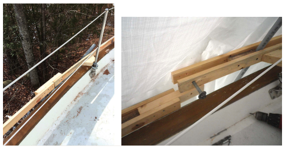 Building the gunwale track started with a shim block and conduit clamp attached to each stanchion. The inner rail could then be installed, far left, the lengths joined with 2 x 4 butt blocks. After fitting the outer rail, Steve fitted a bolt through one end of each butt block, at left, and removed the screws to create easy-to-assemble joints.