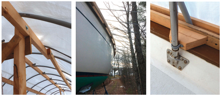 The side ridge beams lodge on the frame headers, at left, and are bolted to the uprights. A track around the perimeter of the hull retains the lower ends of the conduit ribs, center. Shims at the stanchions hold the track so the conduit passes outboard of the gunwale, at right.