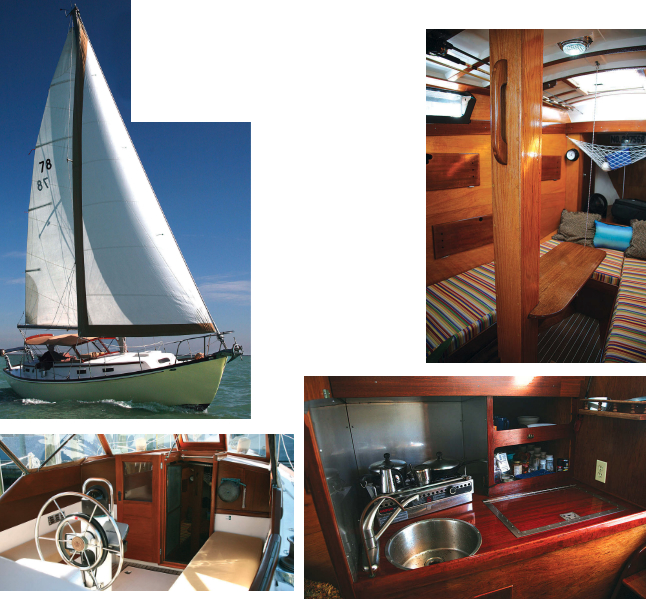 Yellowbird, a Chris-Craft Sail Yacht 35, upper left, owned by John Foster and his partner, Terry, keeps up a tradition in both name and color. Her center cockpit protected by a fixed windshield, lower left, was a rare feature in the 1960s. The results of some of John’s restoration efforts are visible in the colorful cushions and brightwork in the saloon and galley, at right.